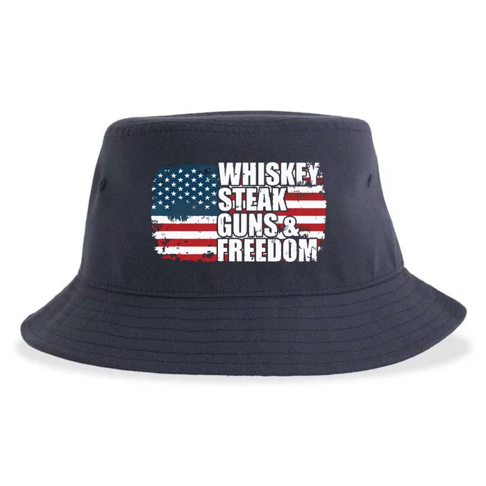 Whiskey Steak Guns And Freedom Patriotic Flag 4th Of July Sustainable Bucket Hat