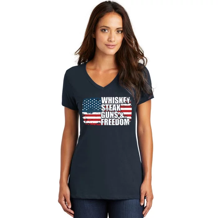 Whiskey Steak Guns And Freedom Patriotic Flag 4th Of July Women's V-Neck T-Shirt