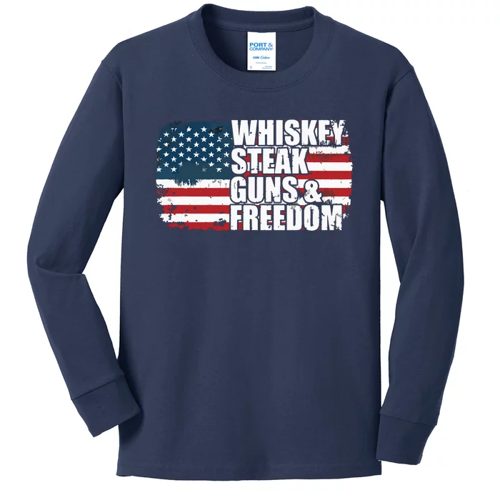 Whiskey Steak Guns And Freedom Patriotic Flag 4th Of July Kids Long Sleeve Shirt