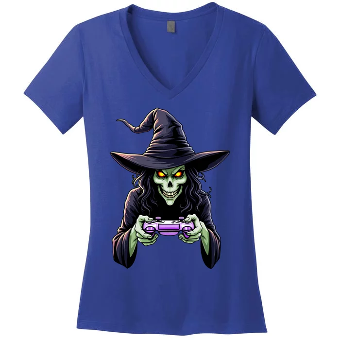 Witch Skeleton Gamer Halloween Monster Gaming Cool Gift Women's V-Neck T-Shirt