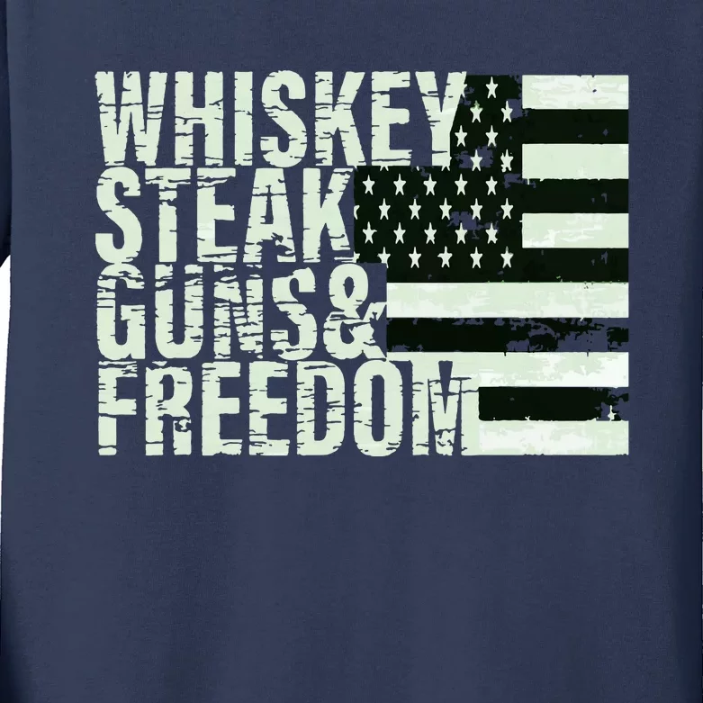 Whiskey Steak Guns Freedom Flag Tee Kids Long Sleeve Shirt