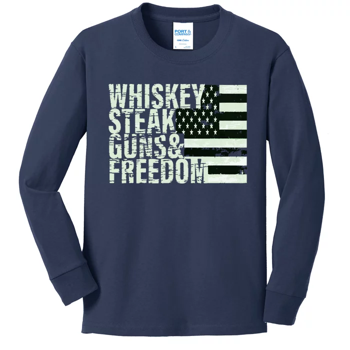 Whiskey Steak Guns Freedom Flag Tee Kids Long Sleeve Shirt