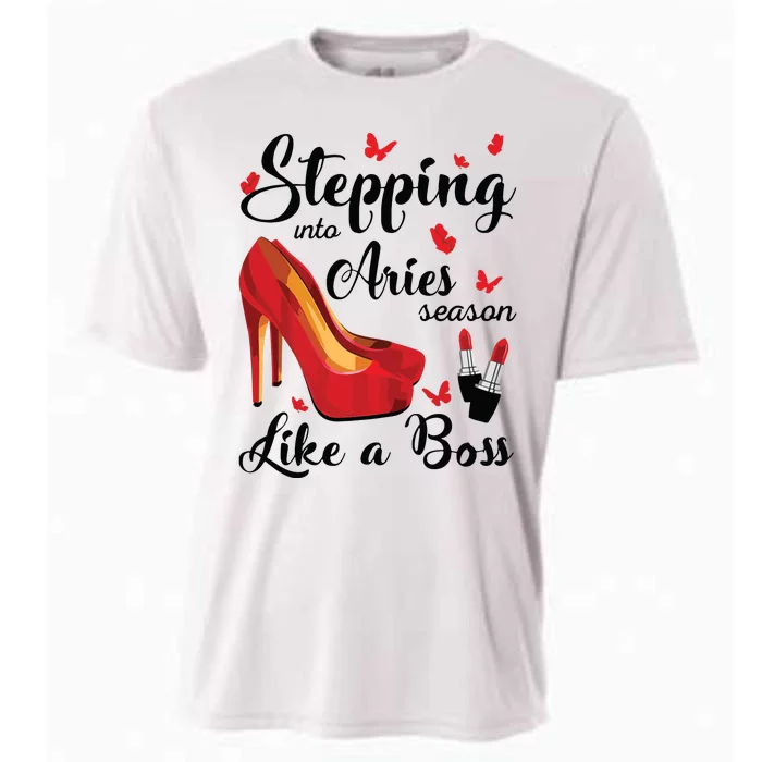 Womens Stepping Into Aries Season Like A Boss Zodiac Birthday Cooling Performance Crew T-Shirt