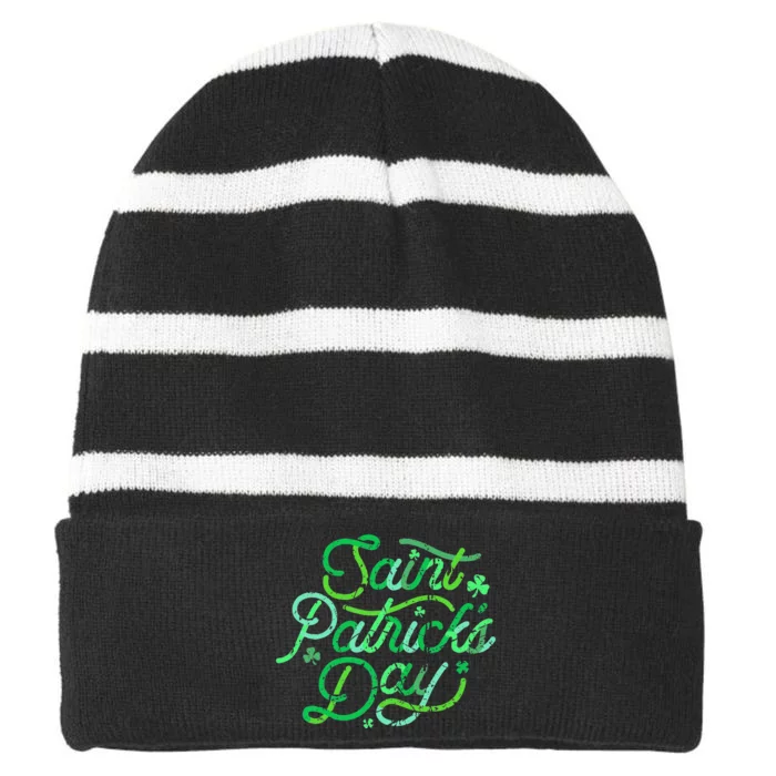 Women Shamrock Irish Culture Saint Patrick's Day Paddy Striped Beanie with Solid Band