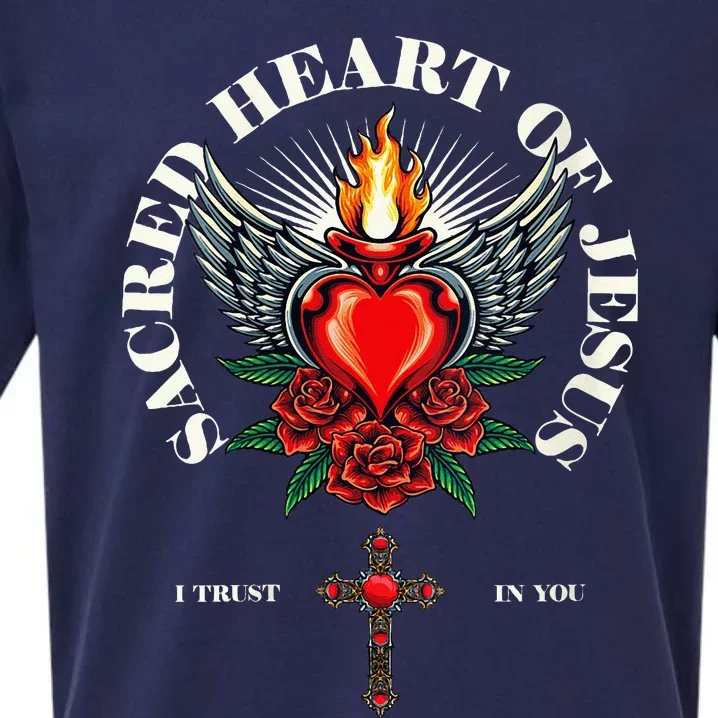 Womens Sacred Jesus Heart Bible Verse Christian Women Religious Sueded Cloud Jersey T-Shirt