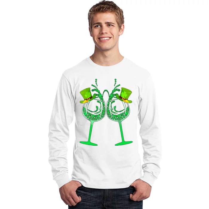 Wine Shamrock Leprechaun Funny St Patricks Day Long Sleeve Shirt