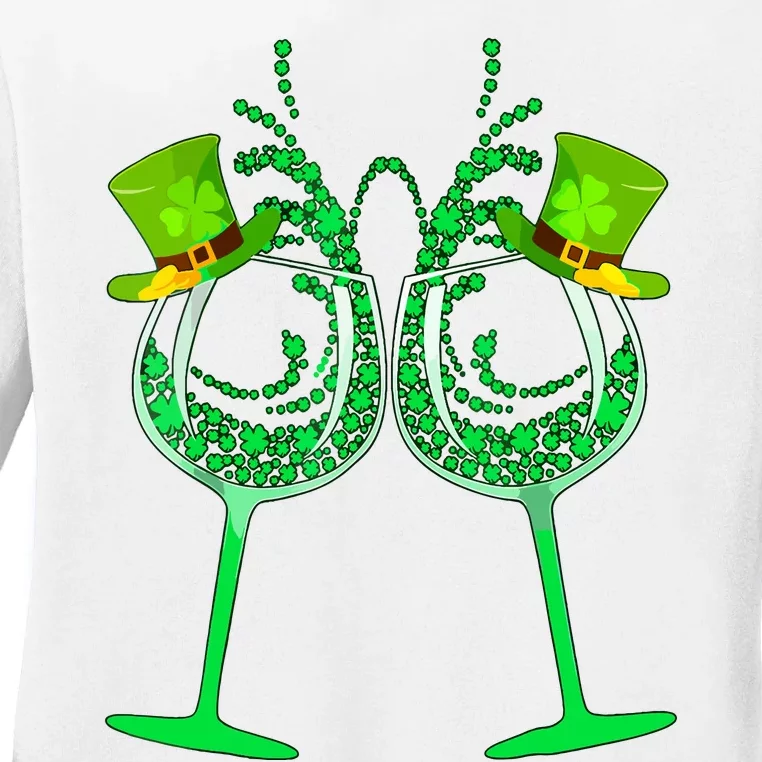 Wine Shamrock Leprechaun Funny St Patricks Day Ladies Long Sleeve Shirt