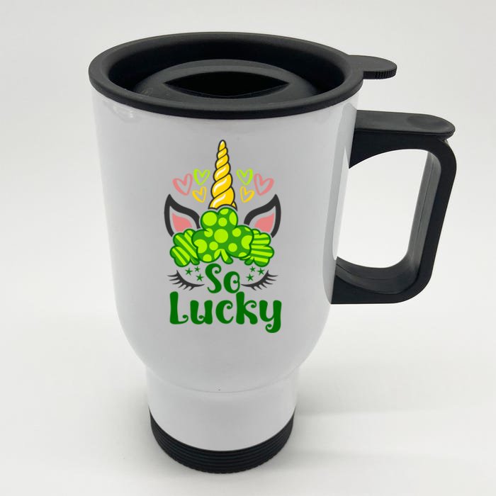 Wo So Lucky St Patrick's Day Unicorn Shamrock Girl Front & Back Stainless Steel Travel Mug