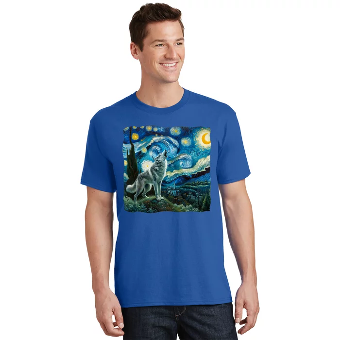 Wolf Starry Night Howling Moon Funny Gifts Van Gogh T-Shirt