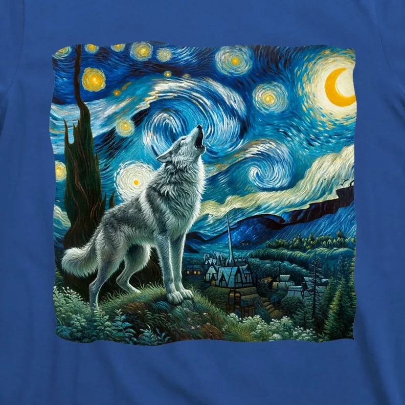 Wolf Starry Night Howling Moon Funny Gifts Van Gogh T-Shirt