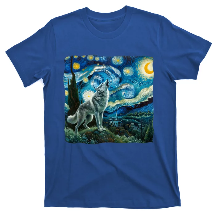 Wolf Starry Night Howling Moon Funny Gifts Van Gogh T-Shirt