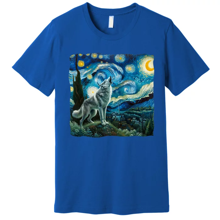 Wolf Starry Night Howling Moon Funny Gifts Van Gogh Premium T-Shirt