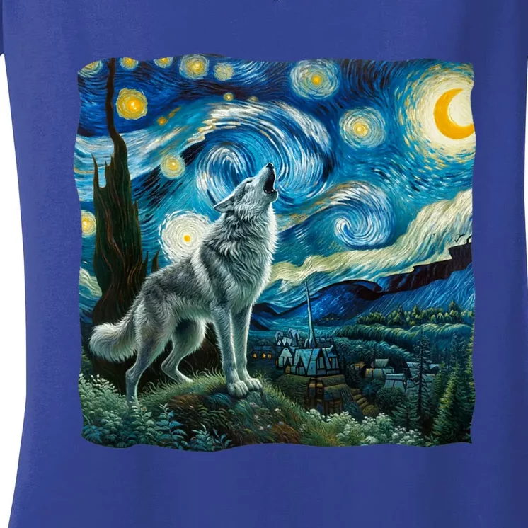 Wolf Starry Night Howling Moon Funny Gifts Van Gogh Women's V-Neck T-Shirt