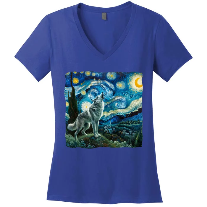 Wolf Starry Night Howling Moon Funny Gifts Van Gogh Women's V-Neck T-Shirt