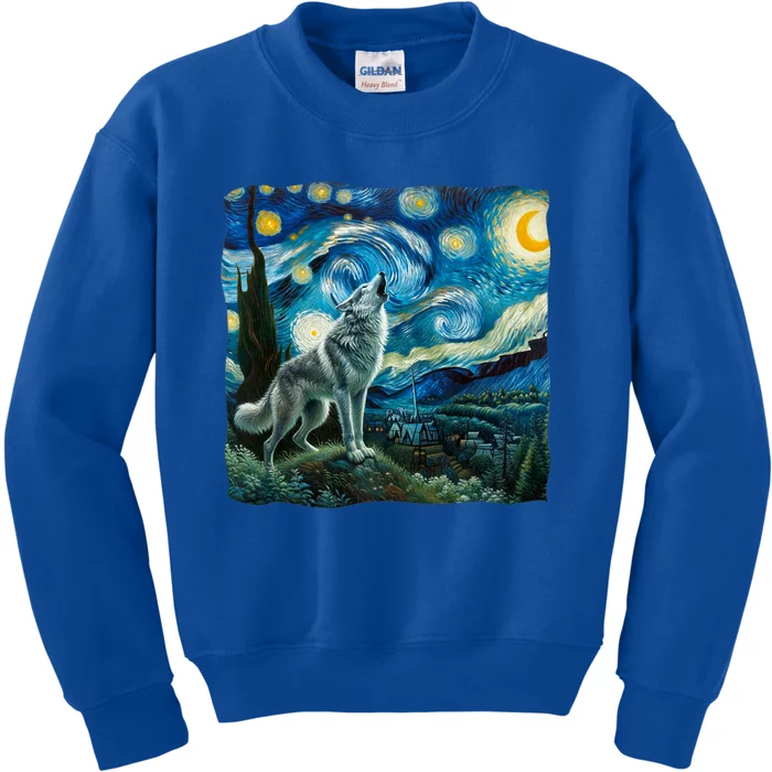 Wolf Starry Night Howling Moon Funny Gifts Van Gogh Kids Sweatshirt