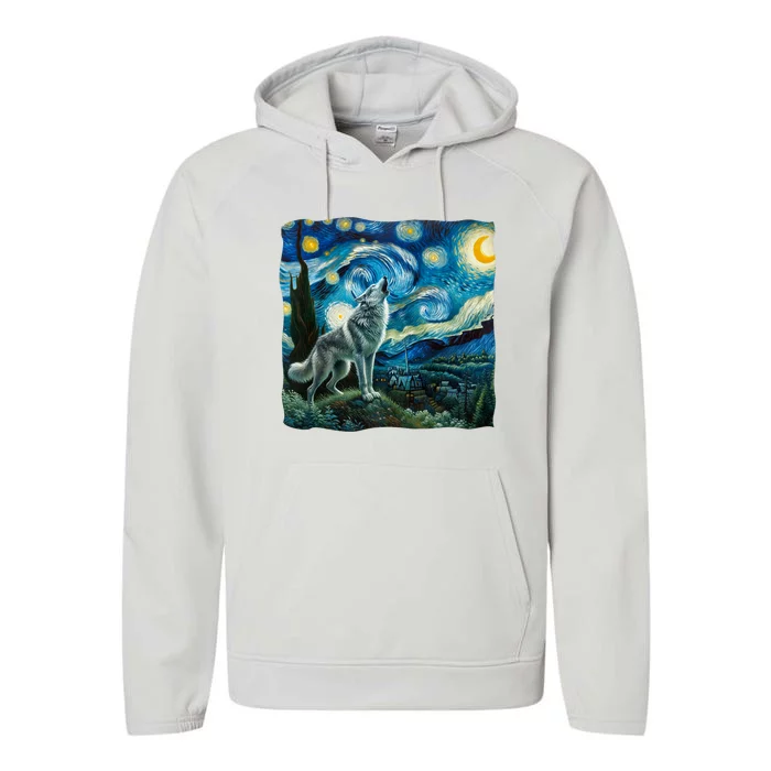 Wolf Starry Night Howling Moon Funny Gifts Van Gogh Performance Fleece Hoodie