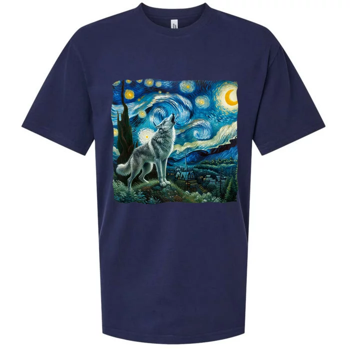 Wolf Starry Night Howling Moon Funny Gifts Van Gogh Sueded Cloud Jersey T-Shirt