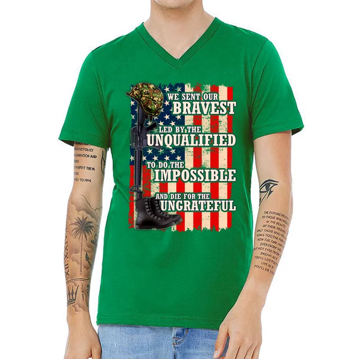 We Sent Our Bravest Support Military Veterans USA Flag V-Neck T-Shirt