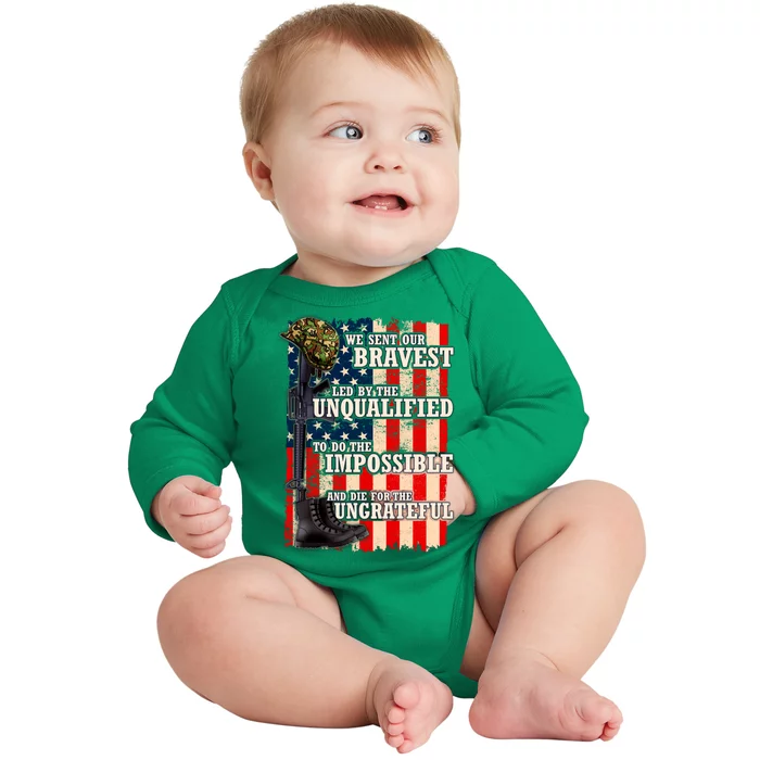 We Sent Our Bravest Support Military Veterans USA Flag Baby Long Sleeve Bodysuit