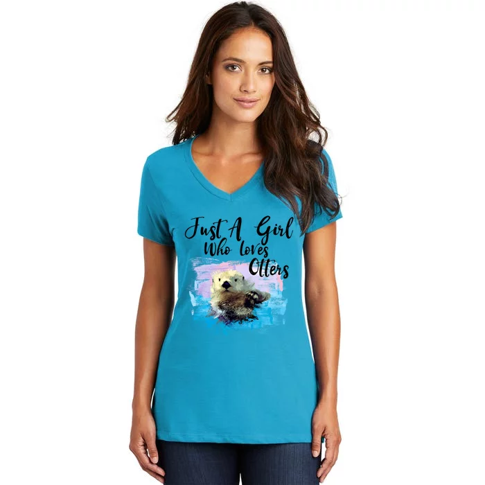 Watercolor Sea Otter Gift Who Loves Otters Cute Gift Women's V-Neck T-Shirt