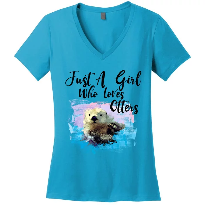 Watercolor Sea Otter Gift Who Loves Otters Cute Gift Women's V-Neck T-Shirt