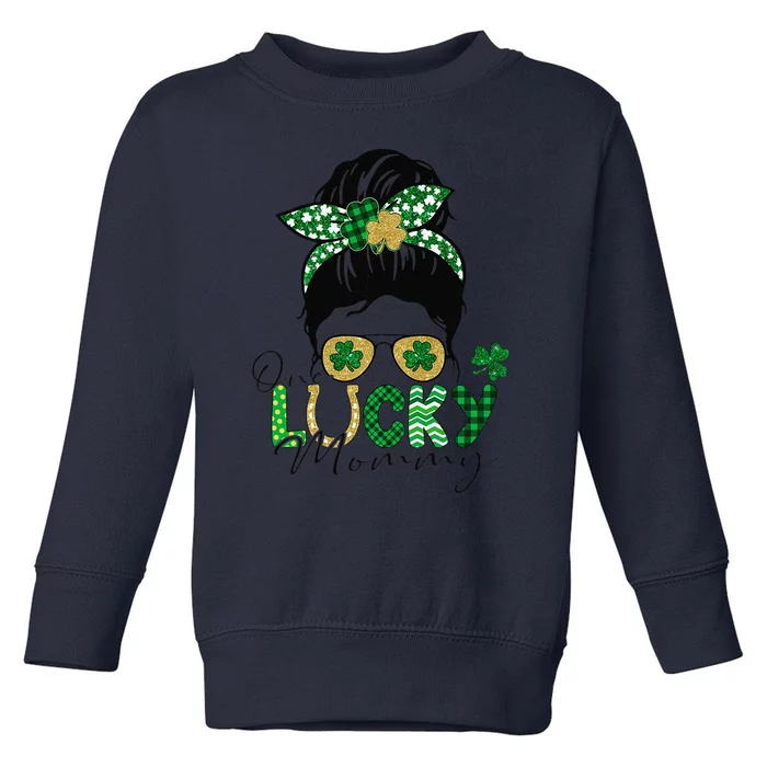 Womens St Patricks Day Leopard Shamrock One Lucky Mommy Messy Bun Toddler Sweatshirt