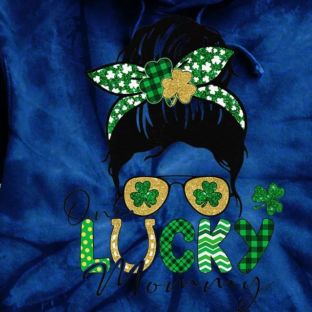 Womens St Patricks Day Leopard Shamrock One Lucky Mommy Messy Bun Tie Dye Hoodie