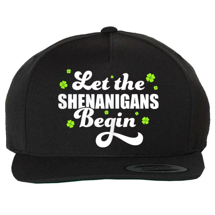 Womens St Patricks Day Let The Shenanigans Begin Shamrock Clover Wool Snapback Cap