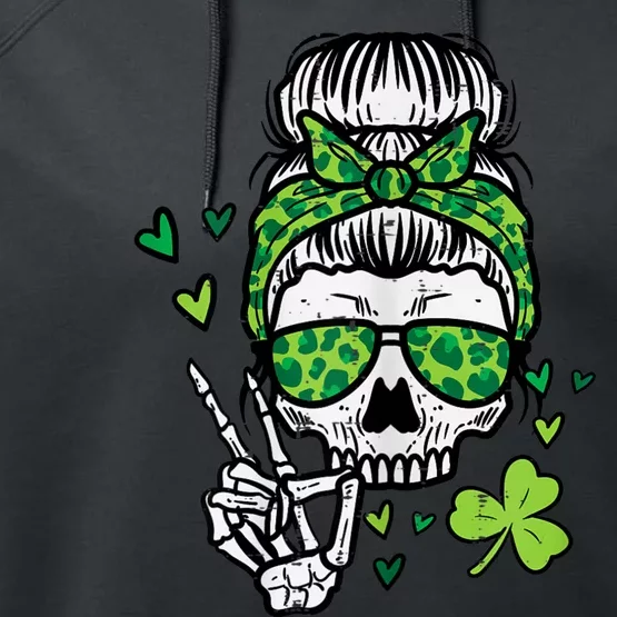 Womens St Patricks Day Skull Messy Bun Saint Pattys Paddys Women Performance Fleece Hoodie