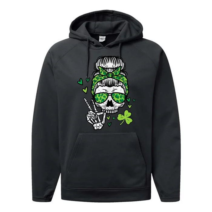 Womens St Patricks Day Skull Messy Bun Saint Pattys Paddys Women Performance Fleece Hoodie