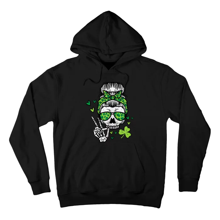 Womens St Patricks Day Skull Messy Bun Saint Pattys Paddys Women Hoodie