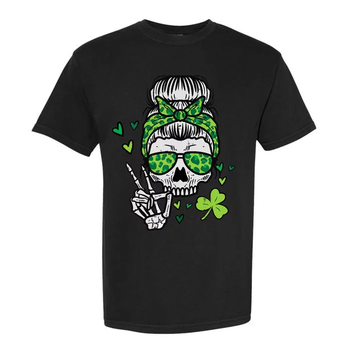 Wo St Patricks Day Skull Messy Bun Saint Pattys Paddys Wo Garment-Dyed Heavyweight T-Shirt