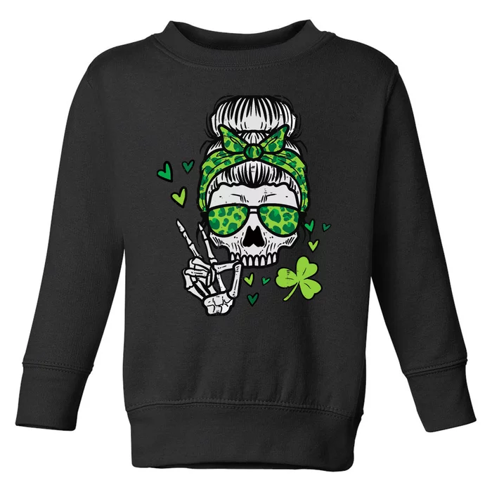 Wo St Patricks Day Skull Messy Bun Saint Pattys Paddys Wo Toddler Sweatshirt