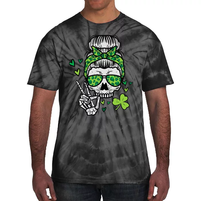 Wo St Patricks Day Skull Messy Bun Saint Pattys Paddys Wo Tie-Dye T-Shirt