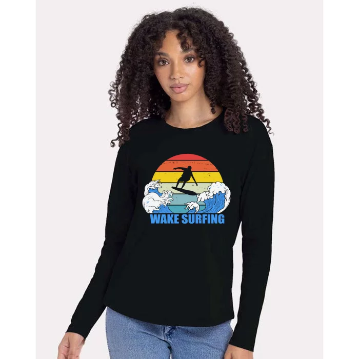 Wake Surfing Retro Sunset Womens Cotton Relaxed Long Sleeve T-Shirt