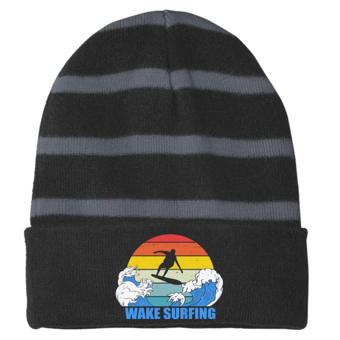 Wake Surfing Retro Sunset Striped Beanie with Solid Band