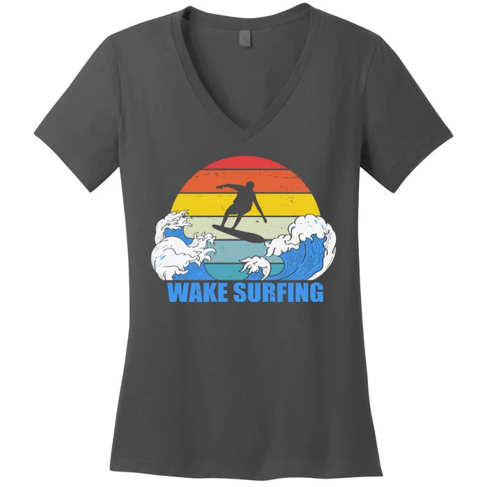 Wake Surfing Retro Sunset Women's V-Neck T-Shirt