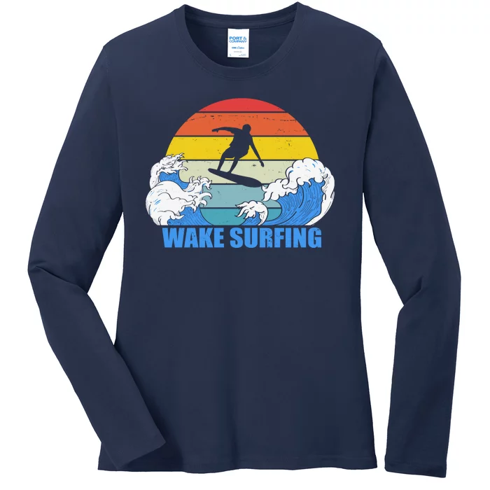 Wake Surfing Retro Sunset Ladies Long Sleeve Shirt