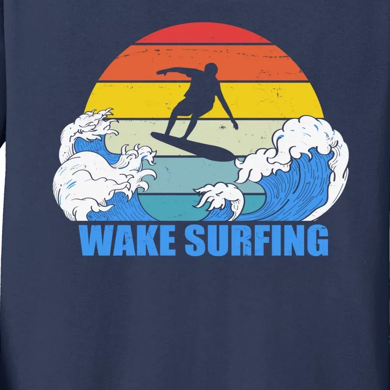 Wake Surfing Retro Sunset Kids Long Sleeve Shirt