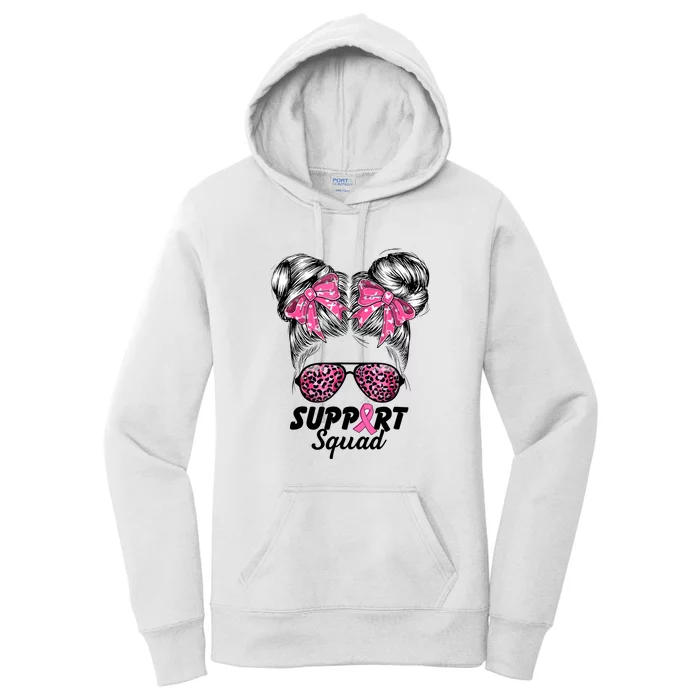 Women Support Squad Pink Warrior Messy Bun Breast Cancer Awareness Gift Women's Pullover Hoodie