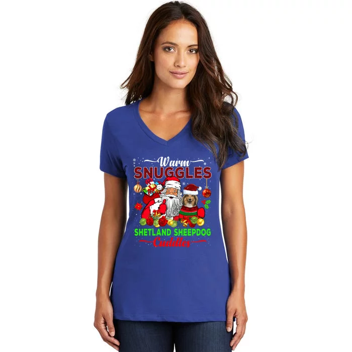 Warm Snuggles Shetland Sheepdog Cuddles Funny Santa Xmas Dog Gift Women's V-Neck T-Shirt