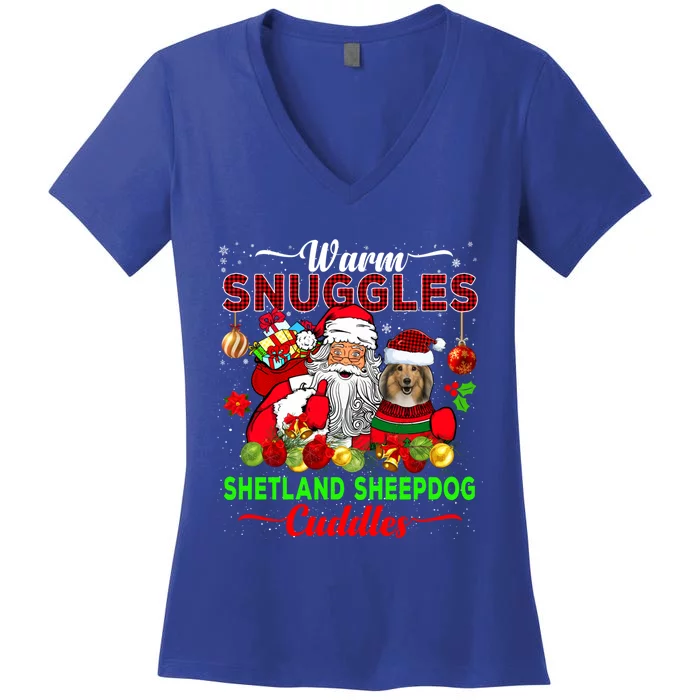 Warm Snuggles Shetland Sheepdog Cuddles Funny Santa Xmas Dog Gift Women's V-Neck T-Shirt