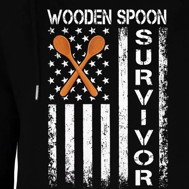 Wooden Spoon Survivor Humor Expression Funny Us Flag Womens Funnel Neck Pullover Hood