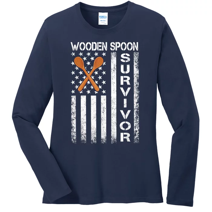 Wooden Spoon Survivor Humor Expression Funny Us Flag Ladies Long Sleeve Shirt