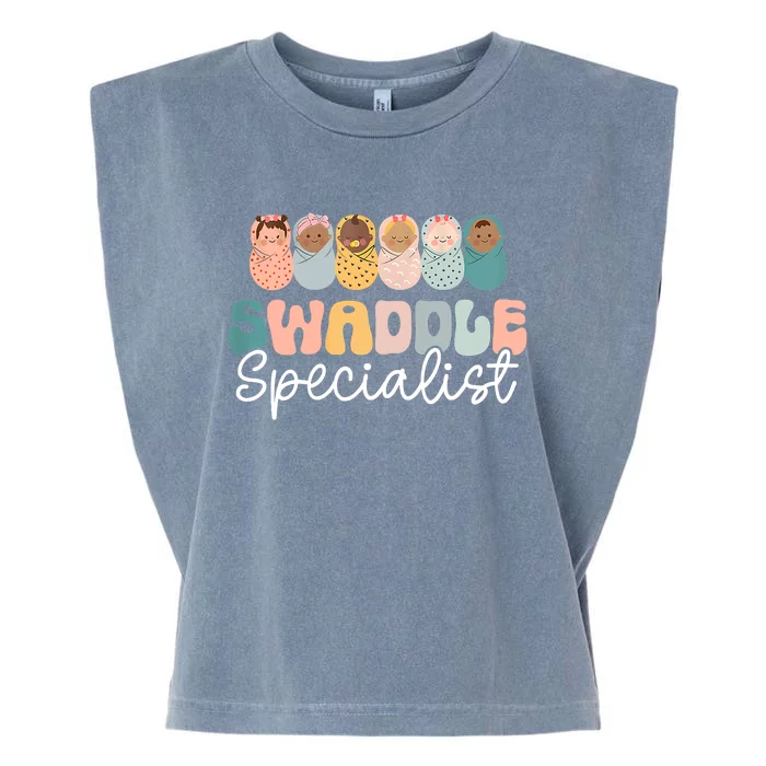 Women Swaddle Specialist Funny NICU Nurse Saying Groovy Mom Baby Garment-Dyed Women's Muscle Tee