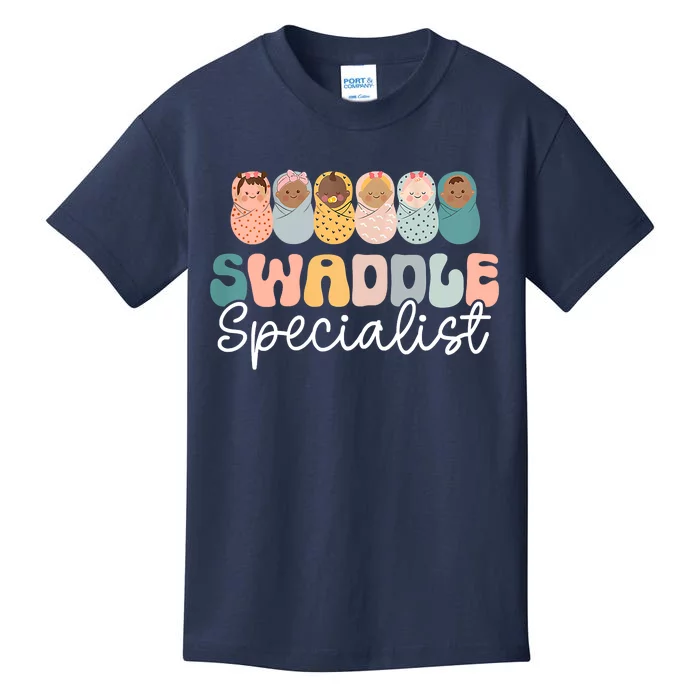 Women Swaddle Specialist Funny NICU Nurse Saying Groovy Mom Baby Kids T-Shirt