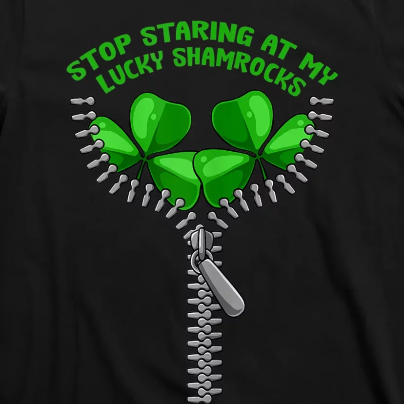 Womens Stop Staring Shamrock St Patricks Day Clover Pun Humor T-Shirt