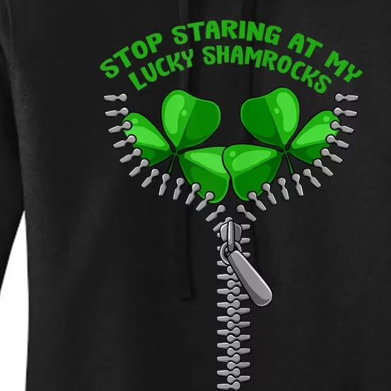 Womens Stop Staring Shamrock St Patricks Day Clover Pun Humor Women's Pullover Hoodie