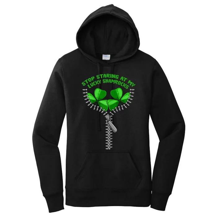 Womens Stop Staring Shamrock St Patricks Day Clover Pun Humor Women's Pullover Hoodie