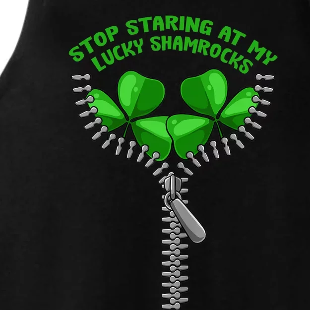 Wo Stop Staring Shamrock St Patricks Day Clover Pun Humor Ladies Tri-Blend Wicking Tank